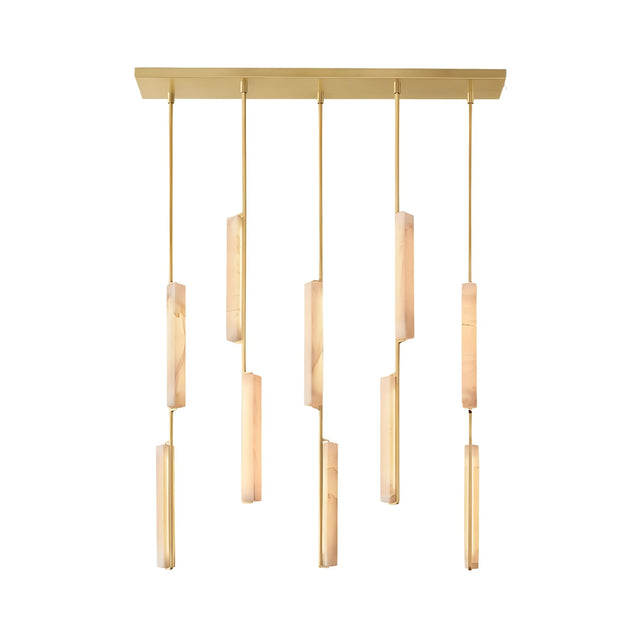 Niori Selvara linear chandelier with ten vertical alabaster batons at staggered drops from a brushed brass rectangular canopy, on a white background.