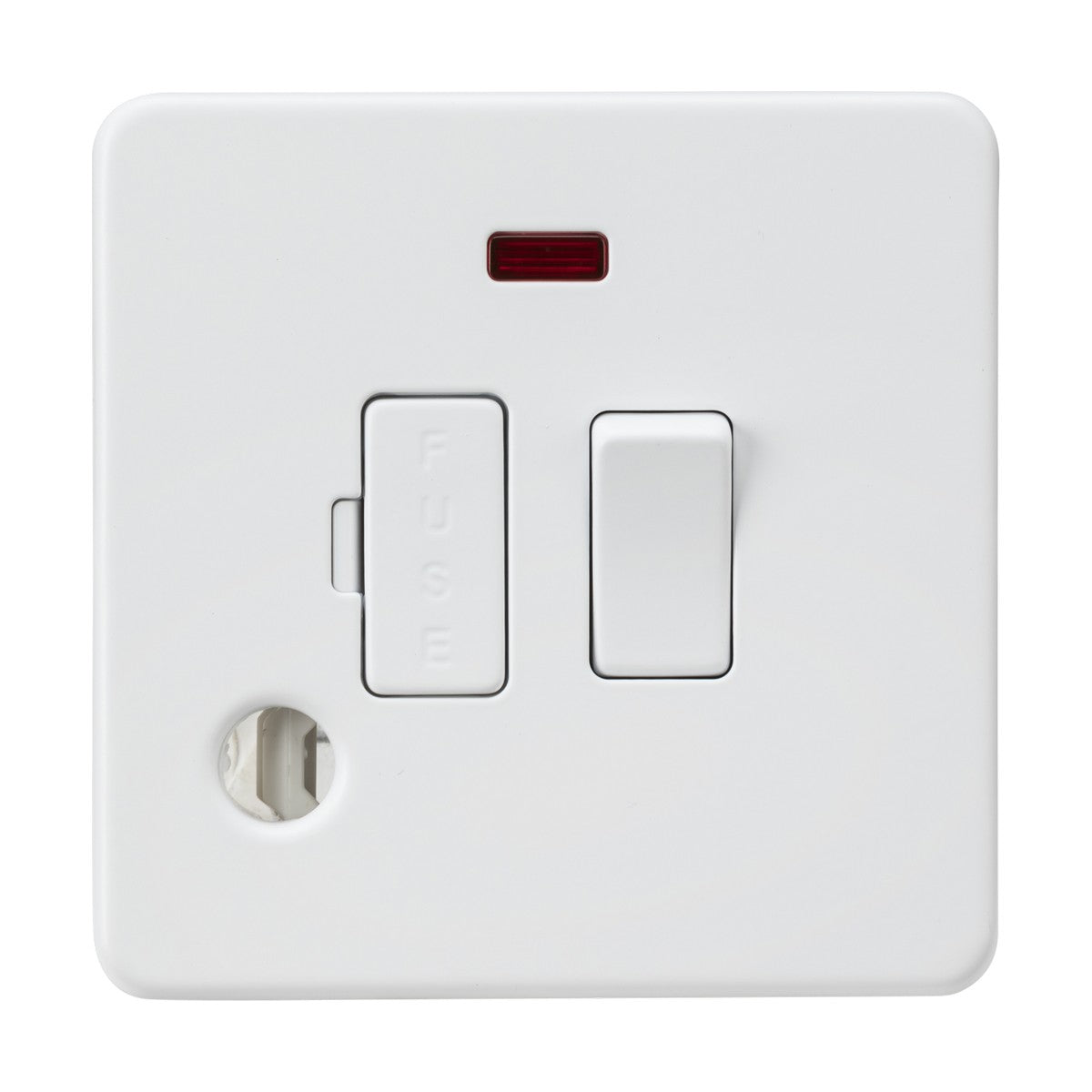 The 13A Switched Fused Spur Neon And Flex Outlet in Matt White (Screwless) features a rocker and neon power indicator on top, FUSE embossed on the left, and a circular cutout at the bottom left, blending style with functionality.