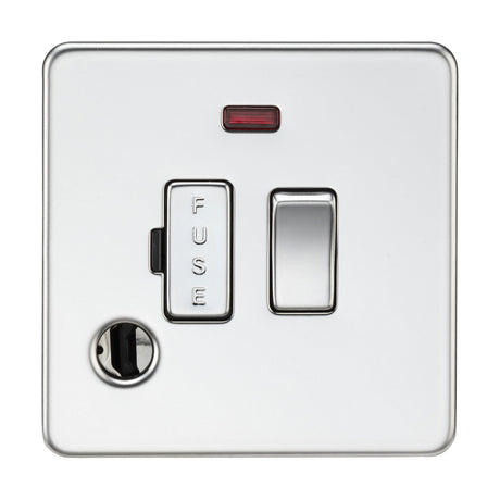 A polished chrome switched fused spur with a screwless design features a neon indicator light.