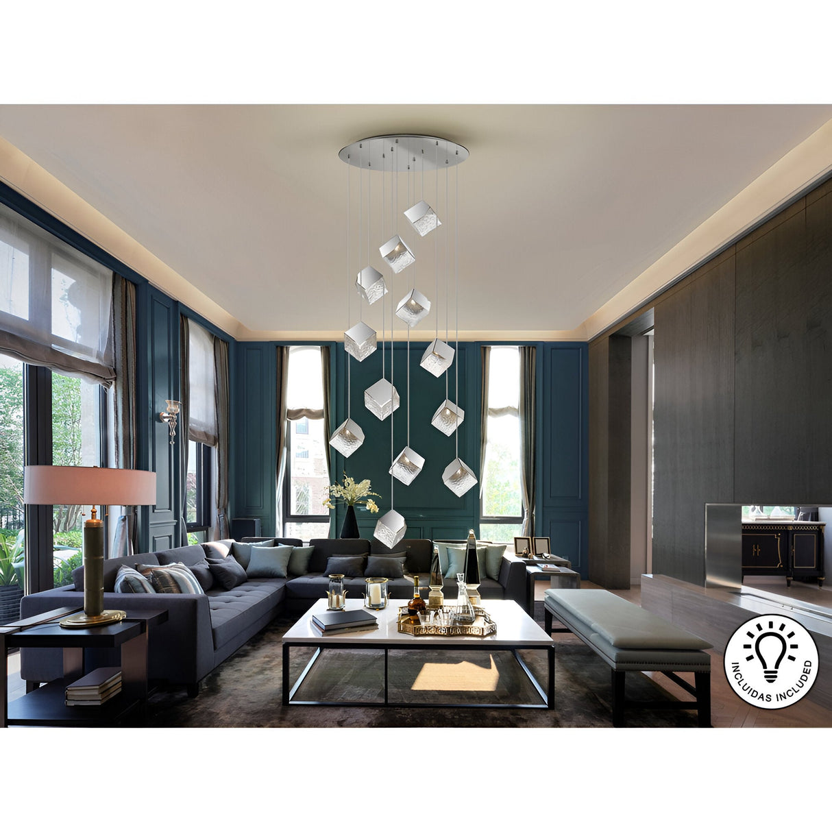 Priscila 12 Light Glass Cluster Pendant - Chrome