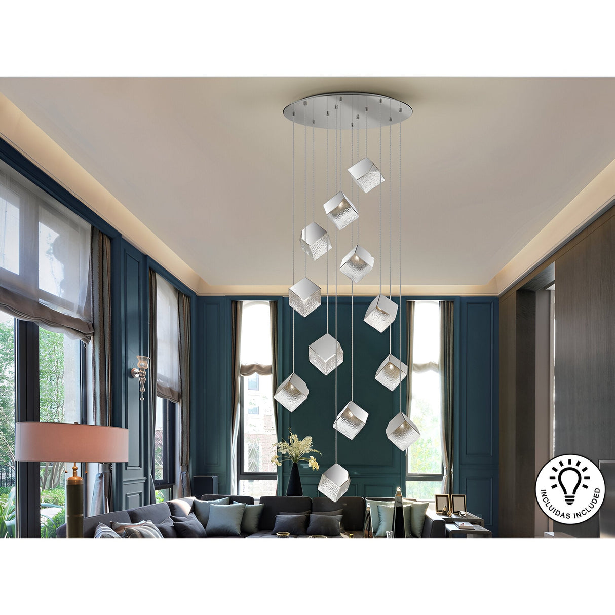 Priscila 12 Light Glass Cluster Pendant - Chrome