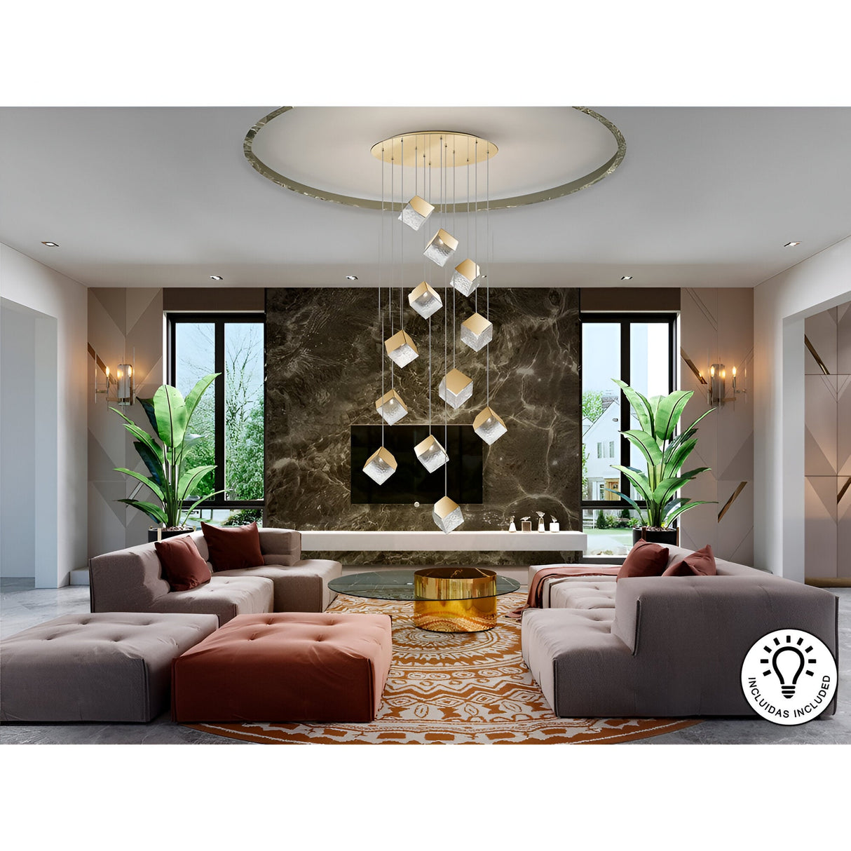 Priscila 12 Light Glass Cluster Pendant - Gold