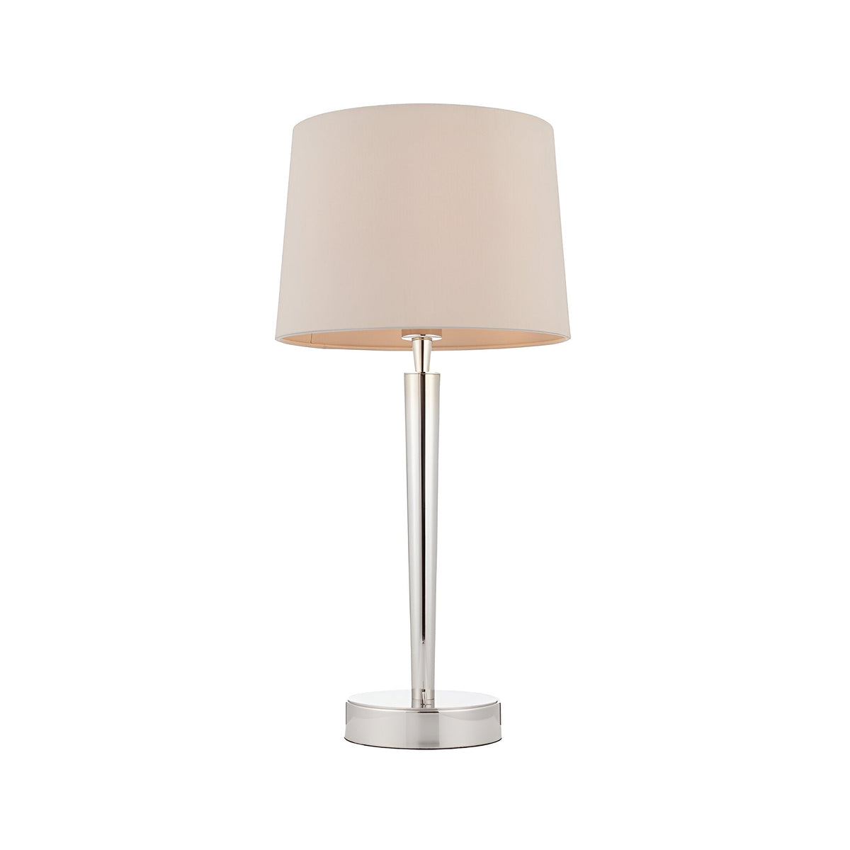 Endon Crandale USB table lamp with a slim bright nickel stem and round base, topped with a tapered mink faux silk shade, on a plain white background.