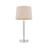 Endon Crandale USB table lamp with a slim bright nickel stem and round base, topped with a tapered mink faux silk shade, on a plain white background.
