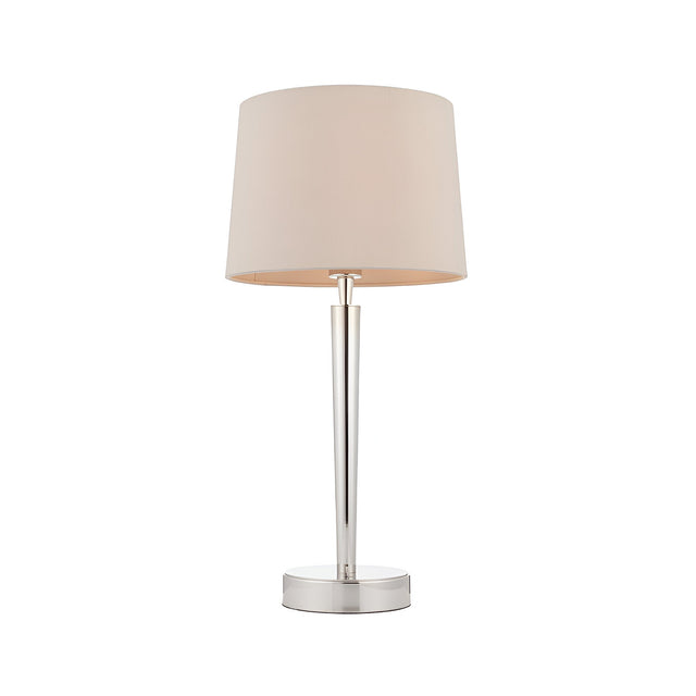Endon Crandale USB table lamp with a slim bright nickel stem and round base, topped with a tapered mink faux silk shade, on a plain white background.