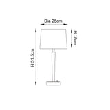 Dimension diagram of the Endon Crandale USB table lamp showing 51.5cm height, 25cm shade diameter and 18cm shade height.