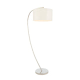 Brockfield Floor Lamp in polished nickel with a curved arching stem and oversized white drum shade, on a round base against a plain white background.