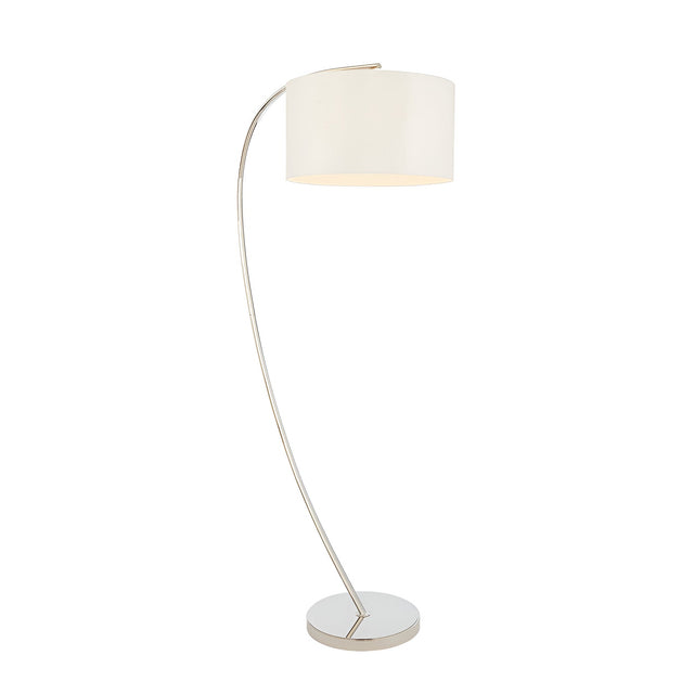 Brockfield Floor Lamp in polished nickel with a curved arching stem and oversized white drum shade, on a round base against a plain white background.