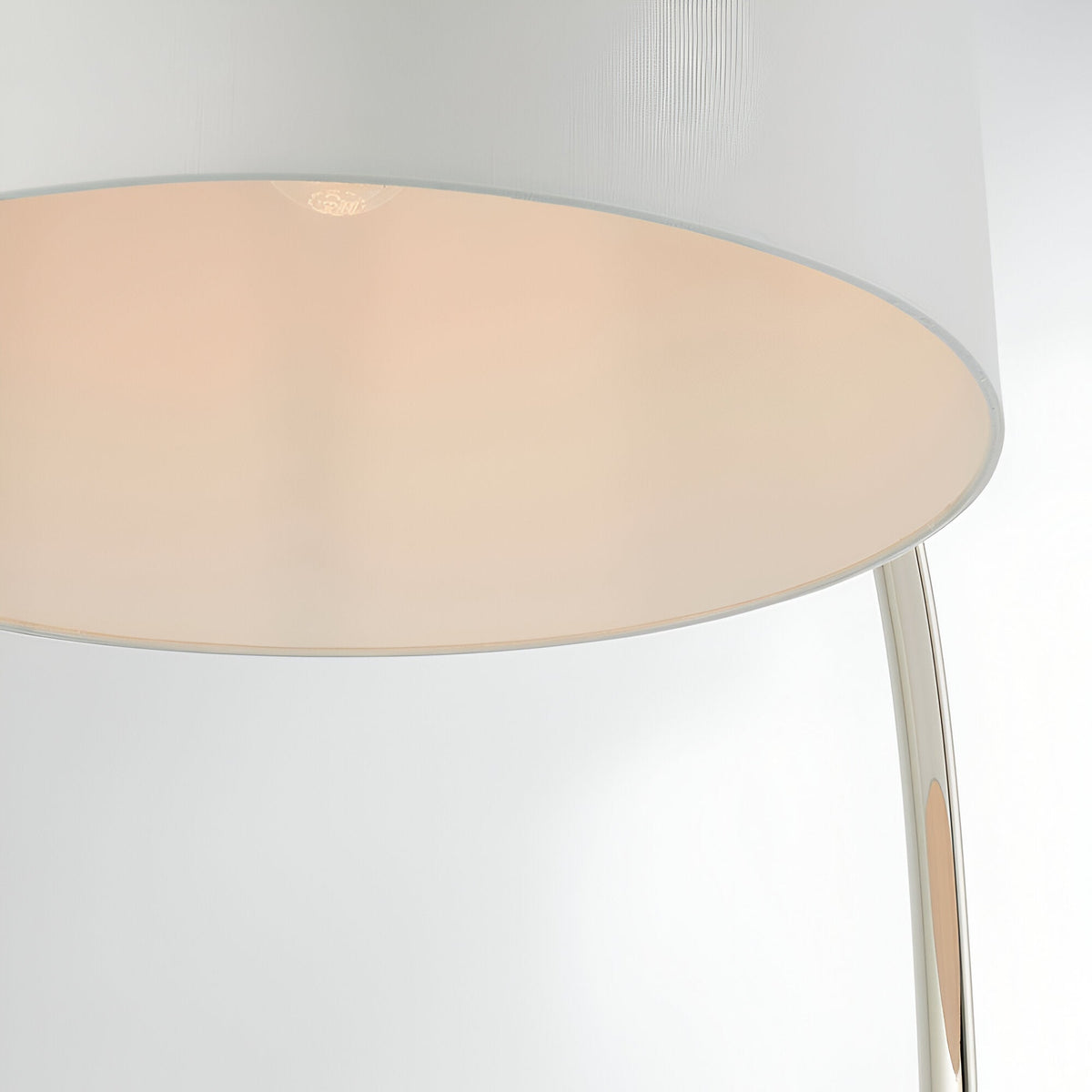 Close-up of the Brockfield Floor Lamp's white faux silk drum shade and curved polished nickel stem, shown against a plain light background.
