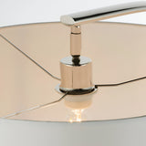 Close-up under the Brockfield Floor Lamp's white shade, showing the polished nickel arm, socket fitting and lit E27 bulb.