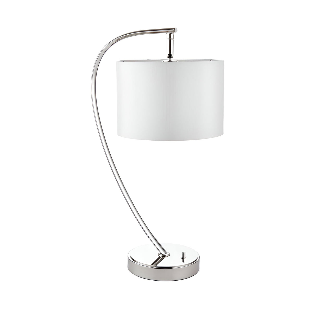 Brockfield table lamp featuring an arched nickel-plated stem, white faux silk drum shade, toggle switch on round base, shown on white background.