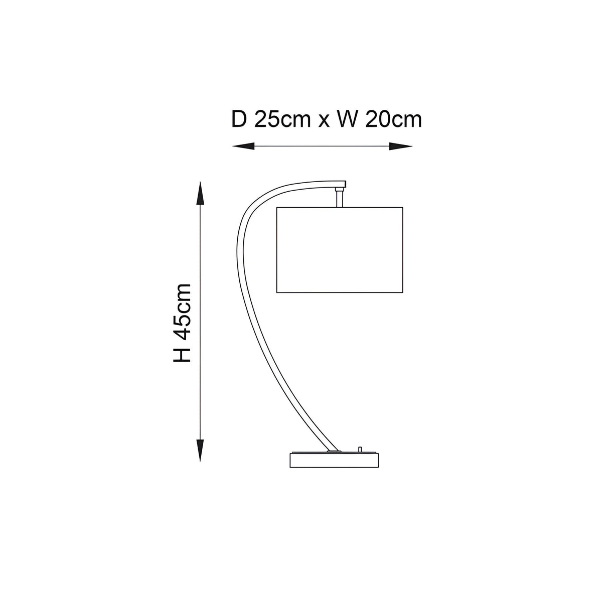 Line drawing of the Brockfield Table Lamp in nickel with a curved arched stem, rectangular white shade, and toggle switch, labelled H45cm, D25cm x W20cm.