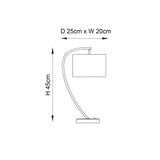 Line drawing of the Brockfield Table Lamp in nickel with a curved arched stem, rectangular white shade, and toggle switch, labelled H45cm, D25cm x W20cm.
