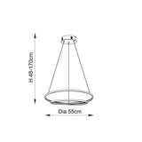 Endon Cliffley ring pendant dimension diagram showing 55cm diameter and adjustable 48–170cm height on a plain white background.