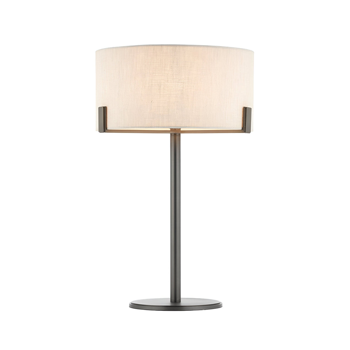 Brendon Table Lamp in bronze finish with a natural linen drum shade on a slim metal stem and round base, shown on a plain white background.