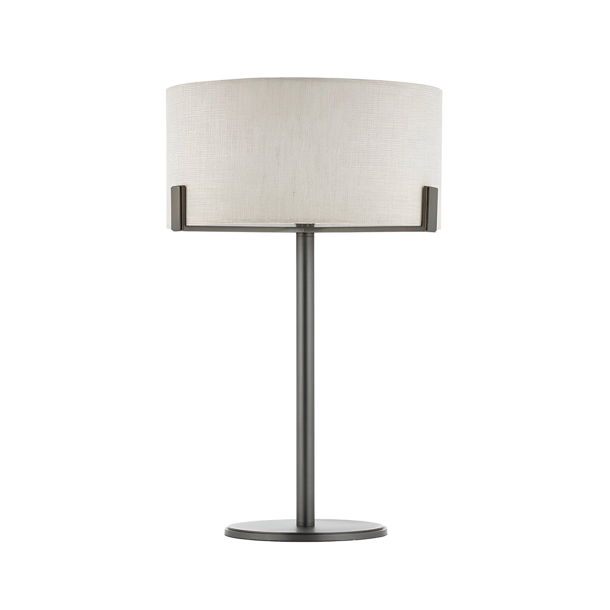 Brendon Table Lamp in bronze finish with a natural linen drum shade on a slim metal stem and round base, shown on a plain white background.