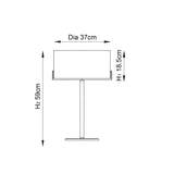 Line drawing of the Brendon Table Lamp showing dimensions: 37cm shade diameter, 18.5cm shade height, and 59cm total height, on a bronze metal base.