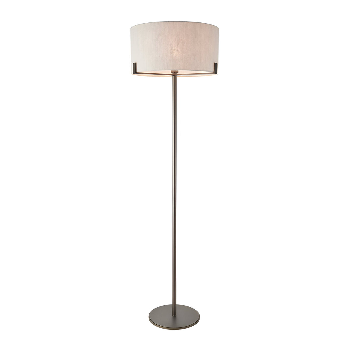 Endon Brendon floor lamp in brushed bronze with a slim stem, round base, and natural linen drum shade, shown on a plain white background.