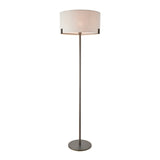 Endon Brendon floor lamp in brushed bronze with a slim stem, round base, and natural linen drum shade, shown on a plain white background.