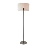 Endon Brendon floor lamp with slim brushed bronze metal stand, round base and natural linen drum shade, shown on a plain white background.