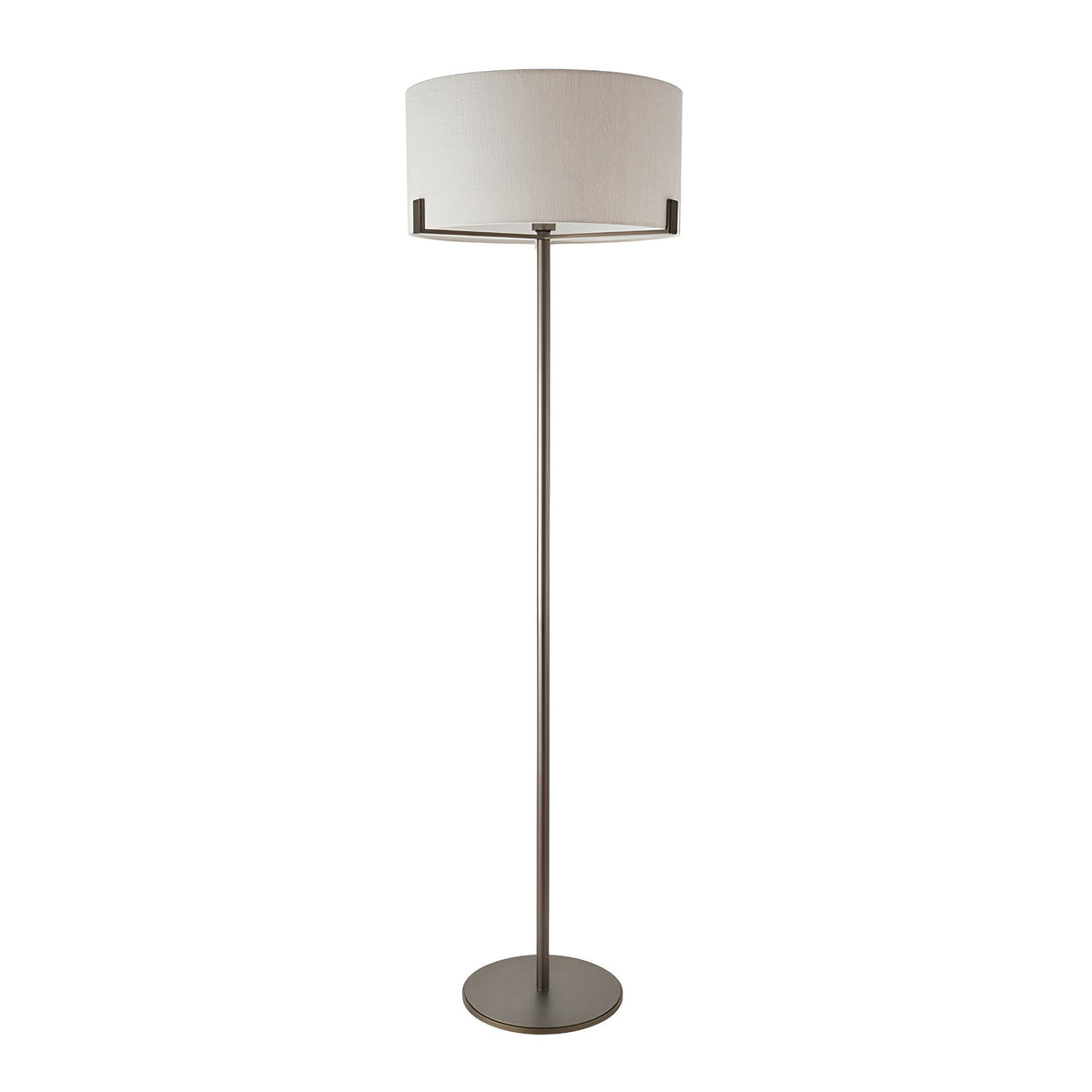 Endon Brendon floor lamp with slim brushed bronze metalwork, round base and natural linen drum shade, shown on a plain white background.