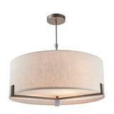 Brendon 3 Light Pendant with large drum-shaped natural fabric shade, bronze metal frame and telescopic stem, shown on a plain white background.