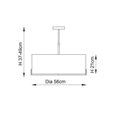 Technical line drawing of the Brendon 3 Light Pendant with rectangular fabric shade on adjustable stem, 56cm diameter, 21cm shade height, 37-49cm drop.