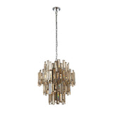 Endon Danedale twelve light tiered chandelier with champagne bevelled crystals and polished chrome finish, suspended from a chain on a white background.