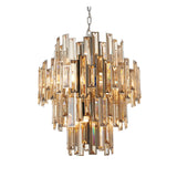 Endon Danedale 12 light chandelier with tiered champagne tinted bevelled crystals and polished chrome frame, suspended from a chain on a white background.