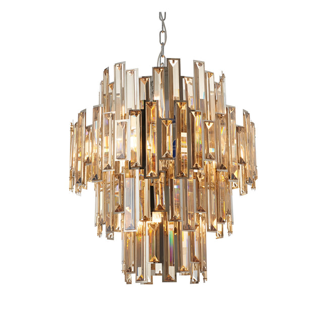 Endon Danedale 12 light chandelier with tiered champagne tinted bevelled crystals and polished chrome frame, suspended from a chain on a white background.