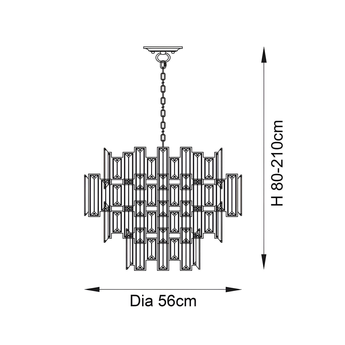 Dimension diagram of the Endon Danedale 12 light chandelier showing 56cm diameter and adjustable 80–210cm height on a white background.