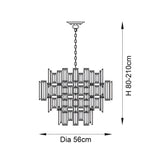 Dimension diagram of the Endon Danedale 12 light chandelier showing 56cm diameter and adjustable 80–210cm height on a white background.