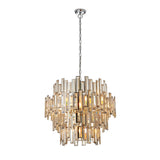 Endon Danedale 15 light chandelier in polished chrome with tiered champagne bevelled crystals, suspended from a chain on a plain white background.