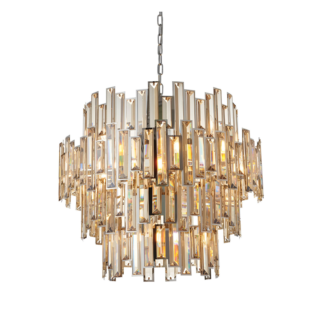 Endon Danedale 15 light tiered chandelier in polished chrome with champagne bevelled crystals, suspended from a chain on a plain white background.