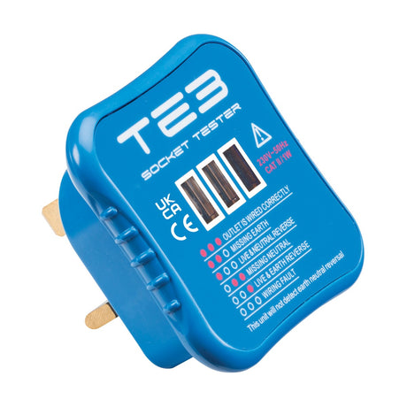 The Socket Tester (BS 1363) is a compact blue device adorned with TE3 on its surface, designed to detect wiring faults such as missing earth, reverse polarity, and live earth. It features color-coded LEDs for easy identification and convenient UK-style plug pins.