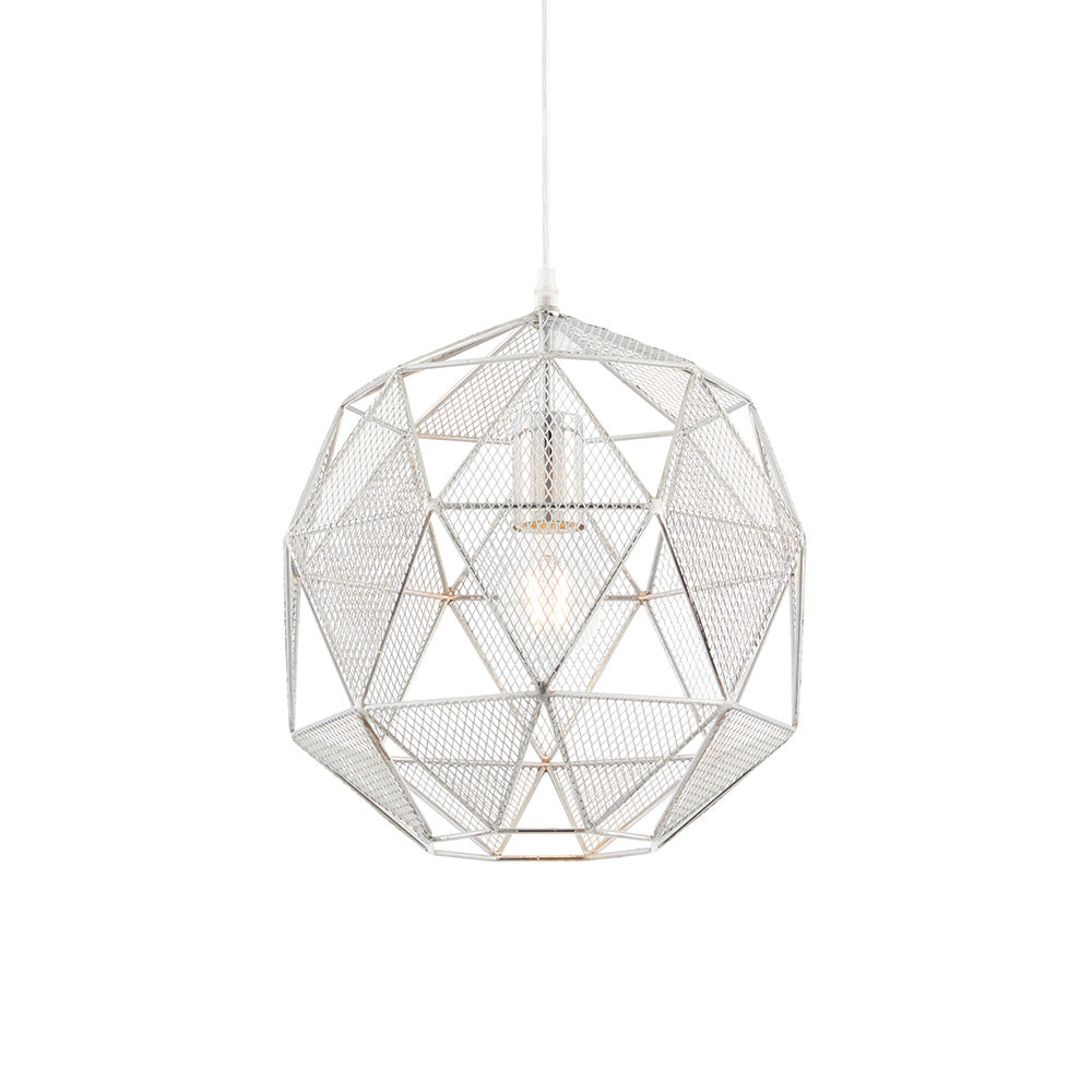 Aldford Pendant in polished chrome, a geometric mesh sphere shade with visible bulb, hung from a white cord on a plain white background.