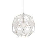 Aldford Pendant in polished chrome, a geometric mesh sphere shade with visible bulb, hung from a white cord on a plain white background.