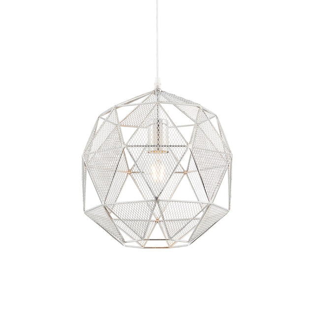 Aldford Pendant in polished chrome, a geometric mesh sphere shade with visible bulb, hung from a white cord on a plain white background.
