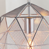 Aldford Pendant in polished chrome, close-up of geometric mesh triangle shade with E27 bulb visible, industrial style.