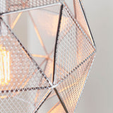 Close-up of the Aldford Pendant in polished chrome, showing its geometric mesh triangle shade and lit E27 bulb against a plain background.