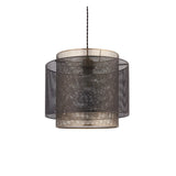 Chartfield Pendant in Brass & Black, a single-light fitting with layered mesh cylinder shades in antique brass and matt black, shown on white.