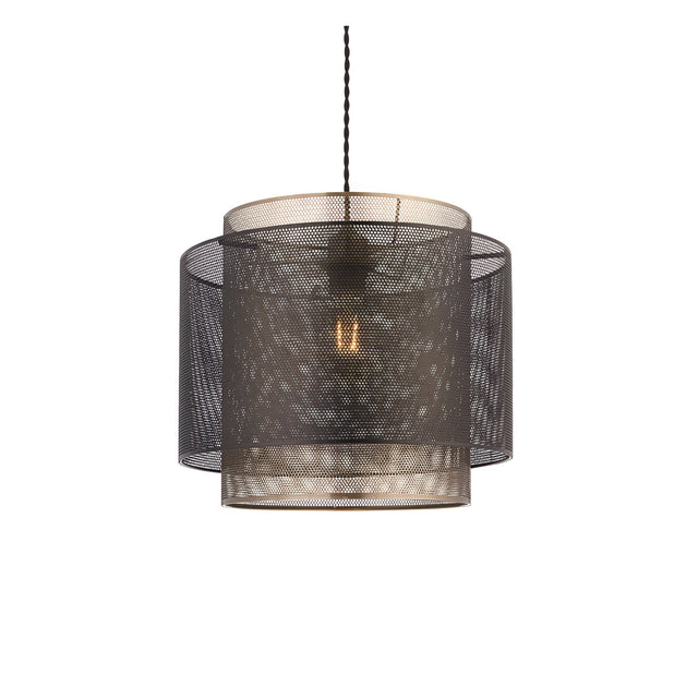 Chartfield Pendant in Brass & Black with double mesh cylinder shades, antique brass inner layer, matt black outer, E27 fitting.