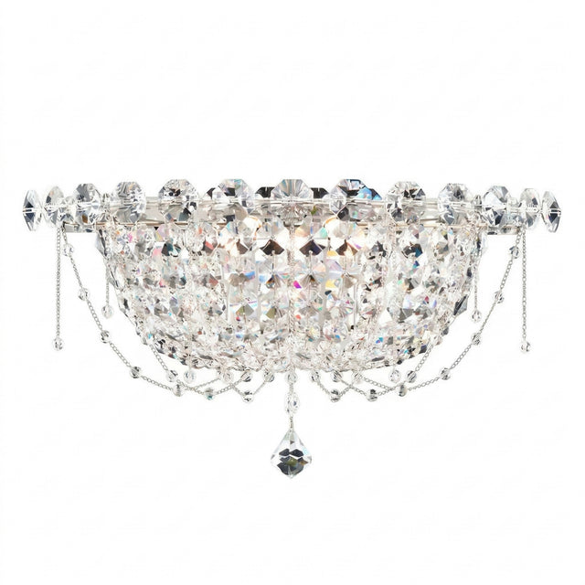 The Amara 2 Light K9 Crystal Flush Ceiling Light in Chrome features sparkling faceted crystals, hanging chains, and a dangling crystal pendant—ideal for adding elegance to any room. Shown here against a white background.