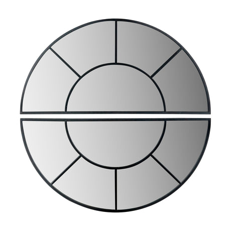 Black iron wall mirror, 92 x 92cm, in a round split half-moon design with paned glass sections, shown on a plain white background.