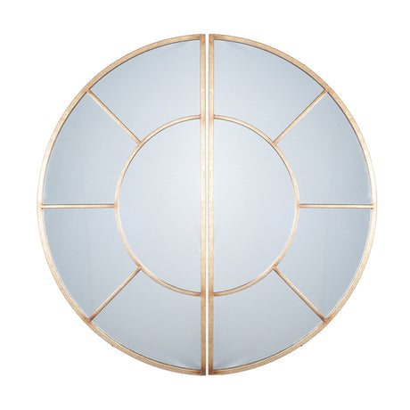 Round wall mirror in antique gold iron framing, split into two half-moon sections with radial spoke detailing, shown on a plain white background.