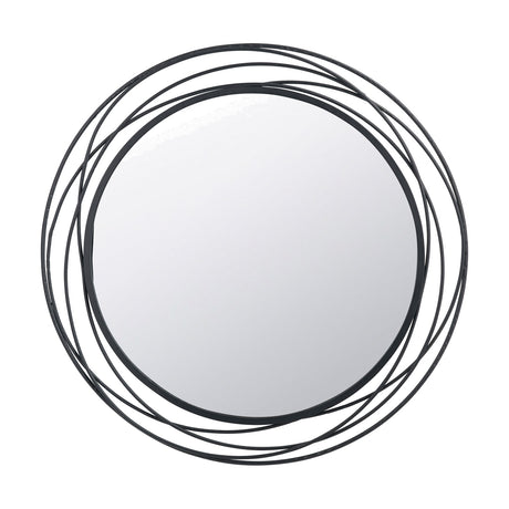 Round wall mirror, 90 x 90cm, with a black metal frame formed from overlapping swirled rings, set against a plain white background.