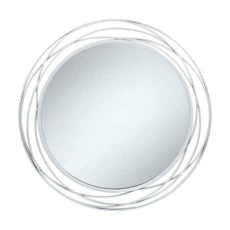 Round wall mirror with an antique silver iron swirl frame of overlapping rings, 90 x 90cm, shown on a plain white background.
