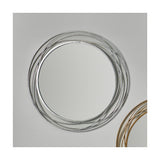 Round wall mirror in antique silver with layered swirling iron rings framing the glass, 90 x 90cm, shown against a plain light grey background.