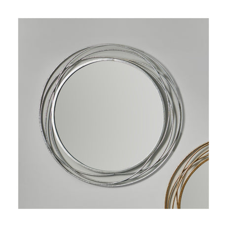 Round wall mirror in antique silver with layered swirling iron rings framing the glass, 90 x 90cm, shown against a plain light grey background.