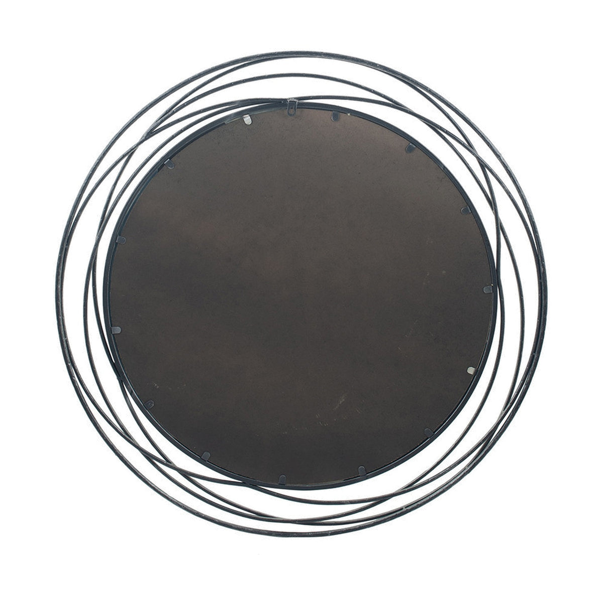 Round wall mirror with an antique silver iron swirl frame of layered overlapping rings, 90 x 90cm, on a plain white background.